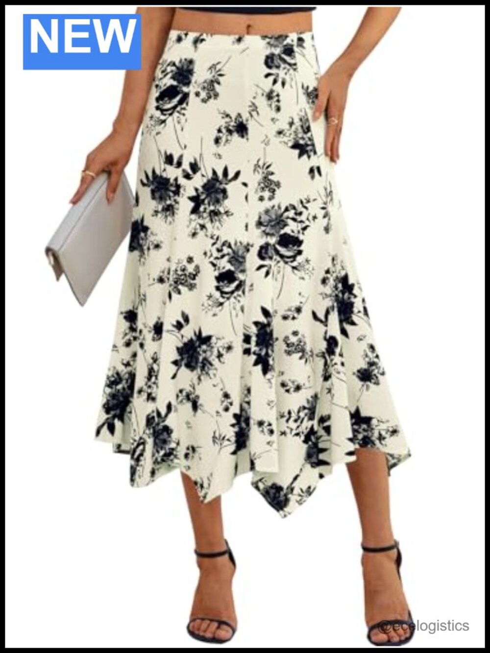Women's Floral Flowy Midi Skirt High Waisted Asymmetrical A-Line Elastic